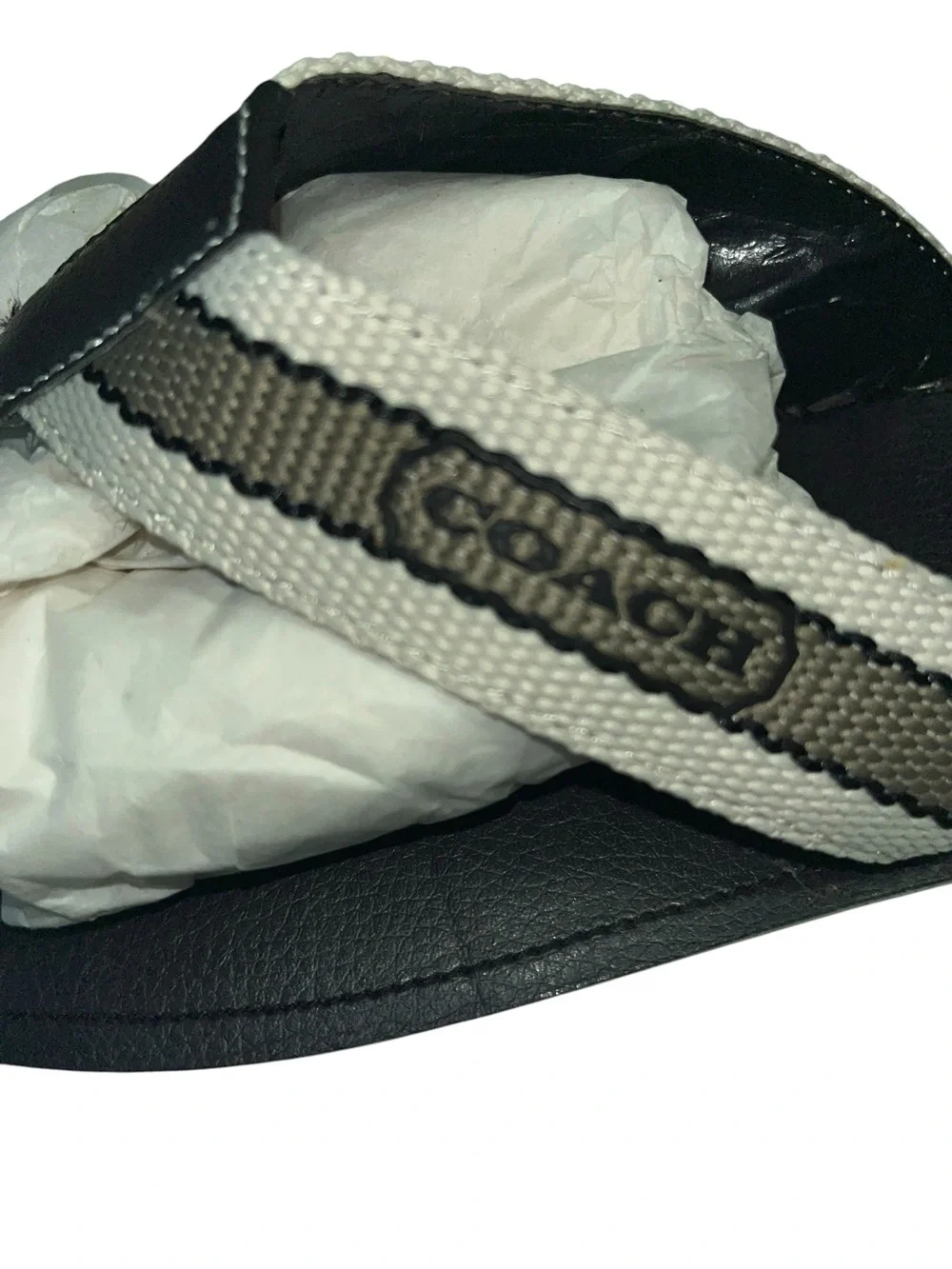 Coach Men's Black Flip Flops with khaki and black Stripe Webbing